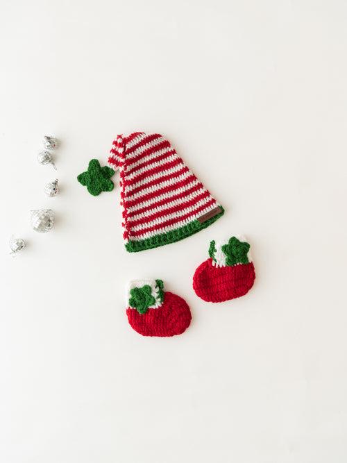 Kids Handmade X'Mas  Cap With Booties- Red & White