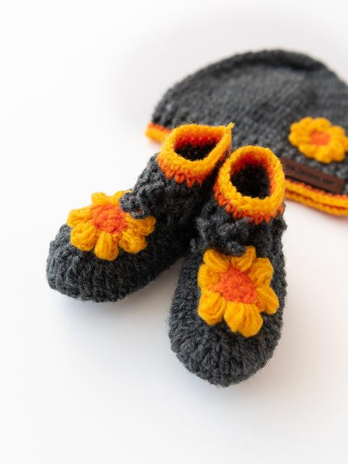 Handmade Crochet Sun Flower Dungaree Set - Dark Grey & Yellow