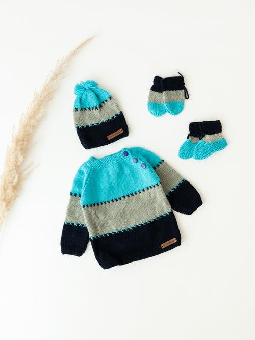 Embroidered Handmade Sweater Set- Blue & Grey