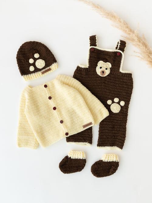 Teddy Embellished Handmade Dungaree & Sweater Set- Brown & Cream