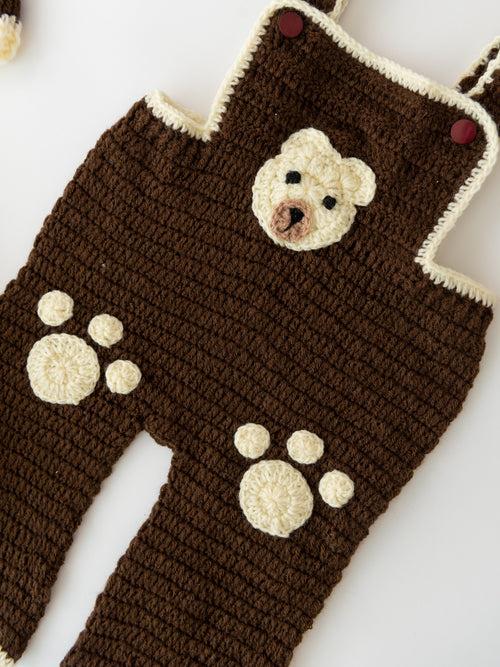 Teddy Embellished Handmade Dungaree & Sweater Set- Brown & Cream