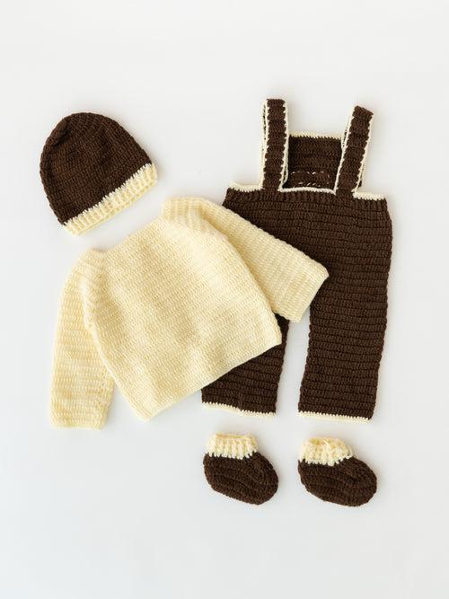 Teddy Embellished Handmade Dungaree & Sweater Set- Brown & Cream