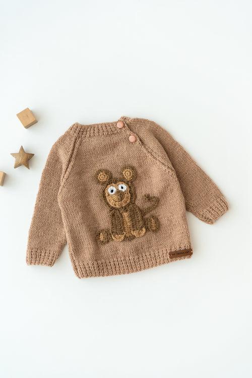 Handmade Monkey Embellished Sweater- Beige & Brown