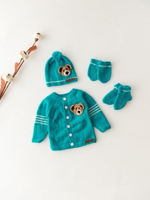 Handmade Teddy Embellished Sweater Set- Bottle Green