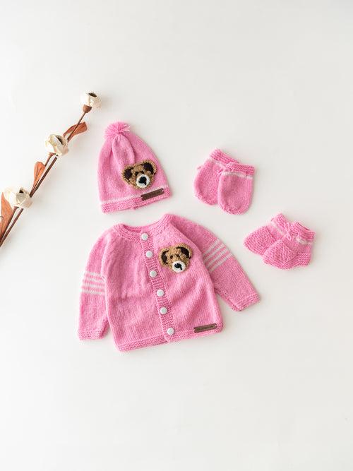 Handmade Teddy Embellished Sweater Set- Baby Pink