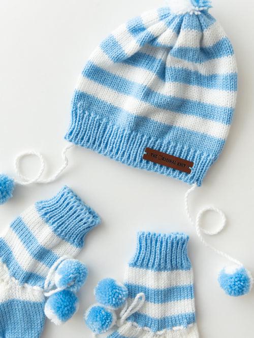 Handmade Striped Sweater Set With Cap & Socks- Ice Blue & White