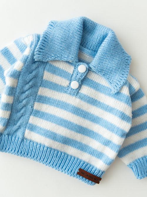 Handmade Striped Sweater Set With Cap & Socks- Ice Blue & White