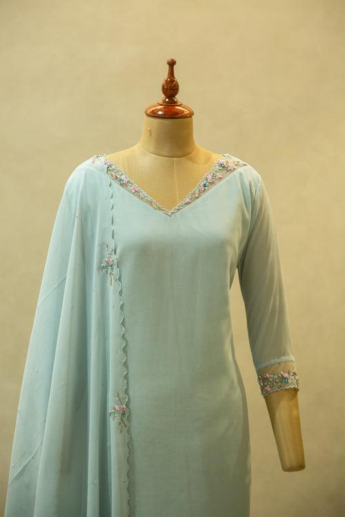 Powder Blue Faux Georgette Semi Stitched Salwar Set