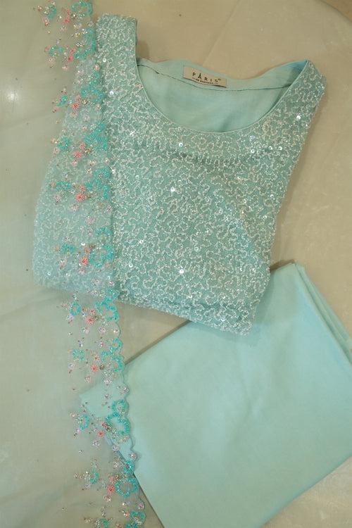 Aqua Blue Net Lace Semi- Stitched Salwar Set