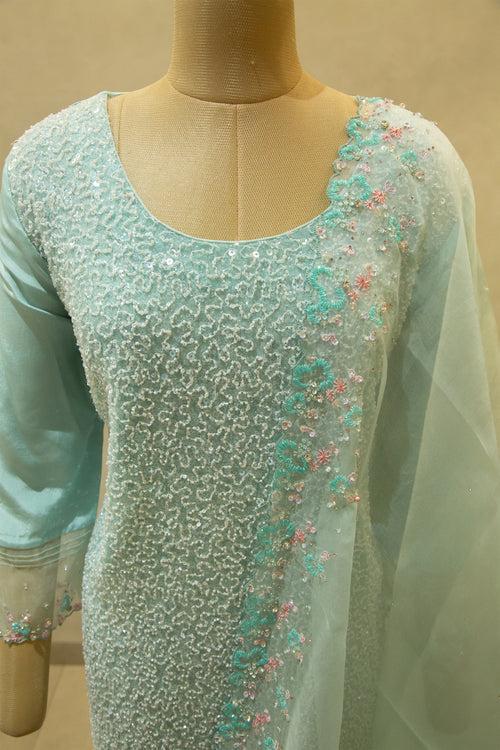 Aqua Blue Net Lace Semi- Stitched Salwar Set