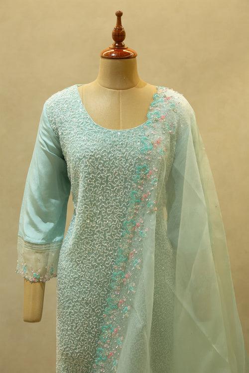 Aqua Blue Net Lace Semi- Stitched Salwar Set