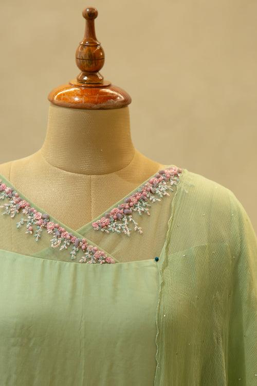 Pista Green Hand Embroidered Semi- Stitched Salwar Set