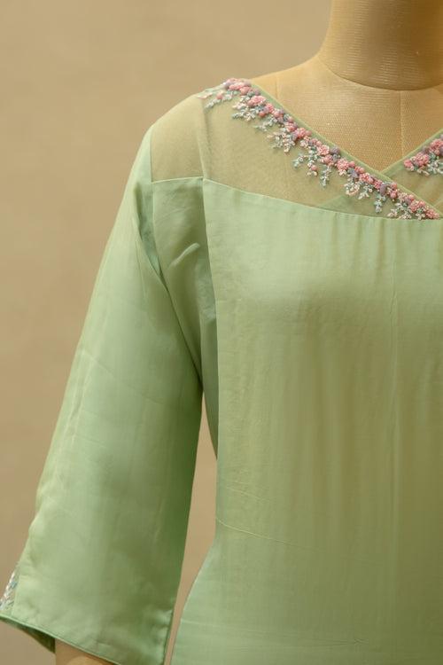 Pista Green Hand Embroidered Semi- Stitched Salwar Set