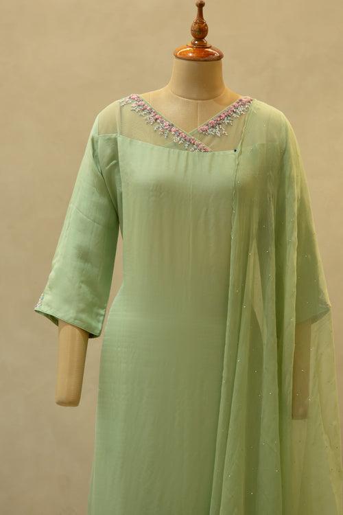 Pista Green Hand Embroidered Semi- Stitched Salwar Set