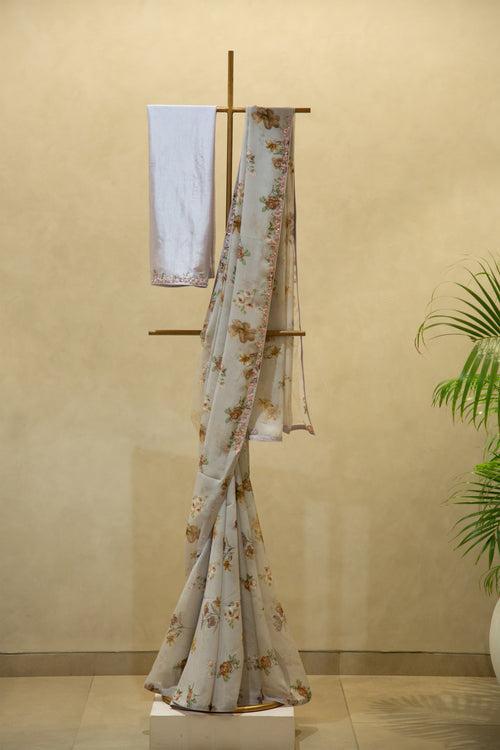 Grey Chiffon Hand Embroidered Saree