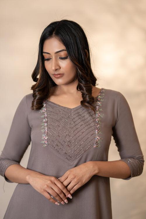 V Neck Hand Embroidered Kurti