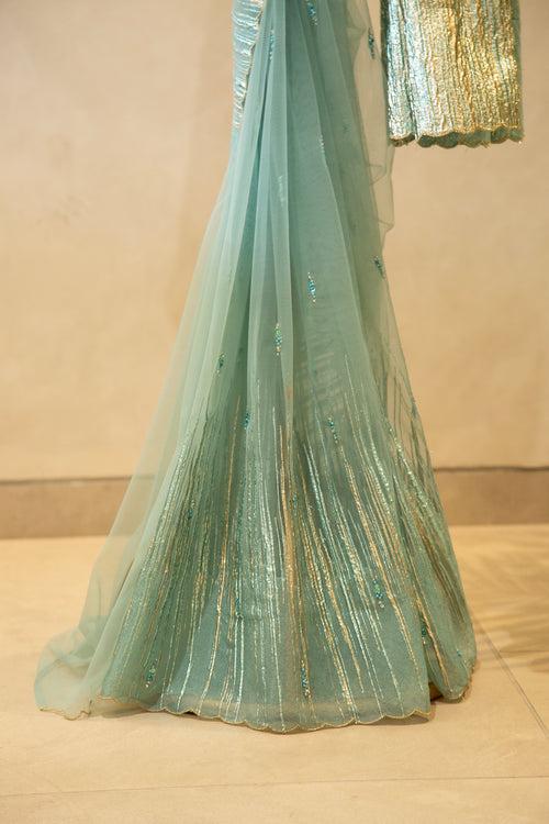 Aqua Blue Turkish Organza Saree