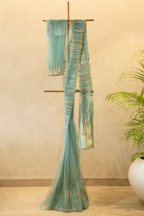 Aqua Blue Turkish Organza Saree