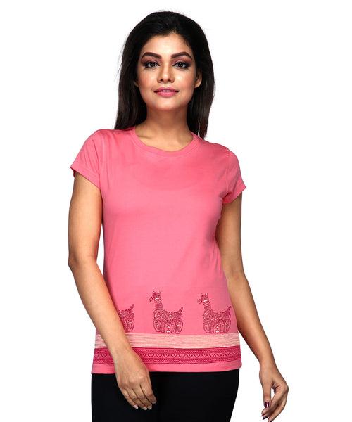 Horse Border - Block Print Tees for Women - Sunskit Coral