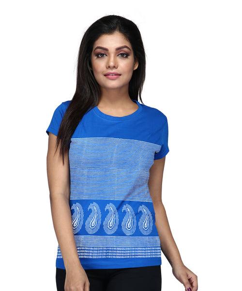 Mango H-Line Border - Block Print Tees for Women - Electric Blue