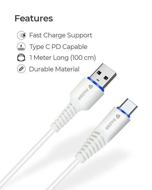 RAEGR RapidLine USB Type-A to Type-C Cable, (1M / 3.3ft) | Upto 20W PD Fast
