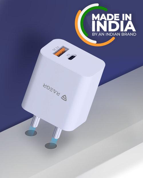 RAEGR RapidLink 250 20W Adapter |Made in India| PD+QC USB Wall Charger