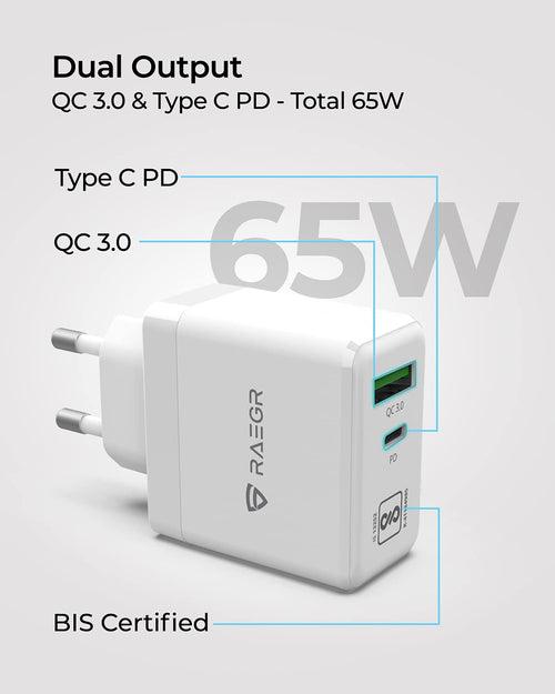 RAEGR RapidLink 1150 65W PD+QC GaN Adapter with  Included 60W USB Type-C to C Braided Cable