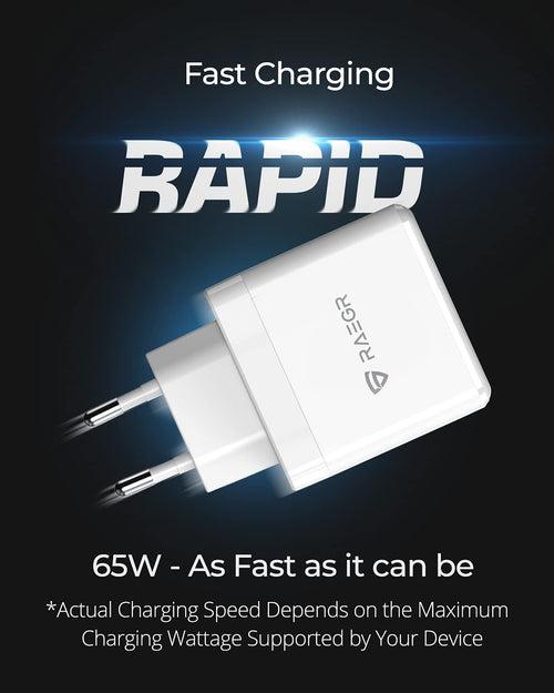 RAEGR RapidLink 1150 65W PD+QC GaN Adapter with  Included 60W USB Type-C to C Braided Cable