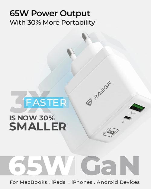 RAEGR RapidLink 1150 65W PD+QC GaN Adapter with  Included 60W USB Type-C to C Braided Cable