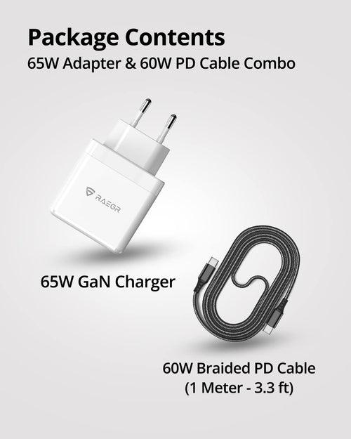 RAEGR RapidLink 1150 65W PD+QC GaN Adapter with  Included 60W USB Type-C to C Braided Cable