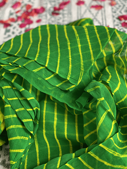 Dark green & yellow  pure georgette leheriya saree