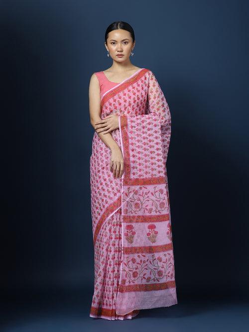 Rosy pink Kota Doria Blockprinted Saree