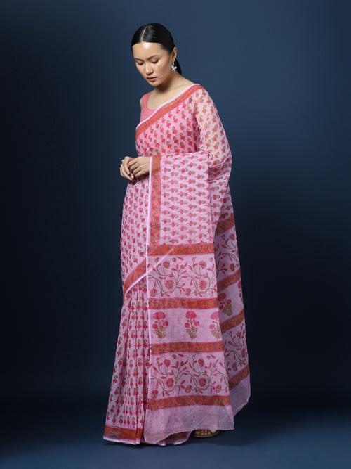 Rosy pink Kota Doria Blockprinted Saree