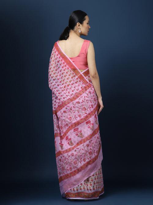 Rosy pink Kota Doria Blockprinted Saree