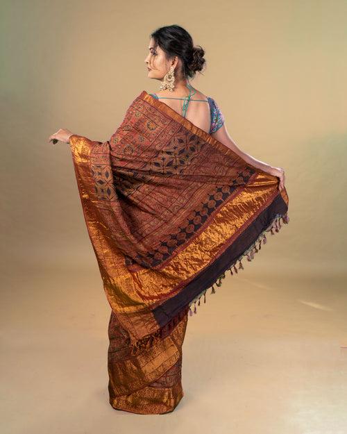 Red Tussar Ajrakh Saree