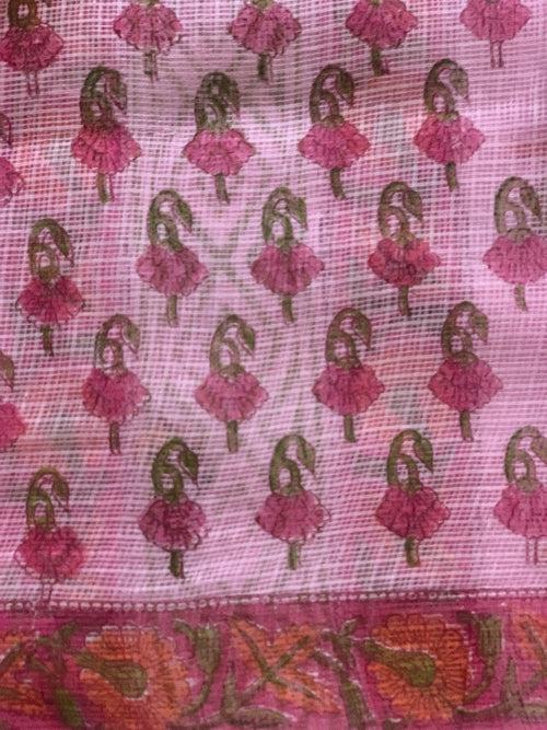 Rosy pink Kota Doria Blockprinted Saree