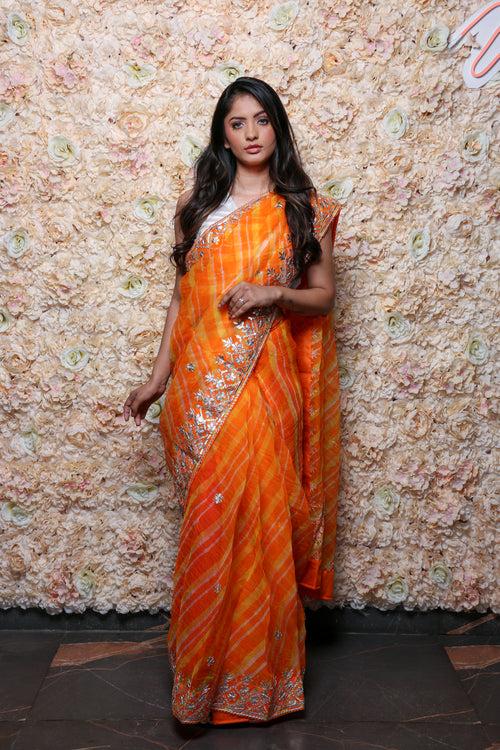 Mango Yellow Organza Leheriya Saree