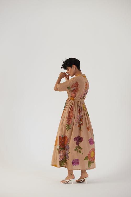 New Season Fall 23/Summer 24-Dress-Cotton -Gathered-Vintage Garden Beige-YAMBB05-Fashion Edit Yam