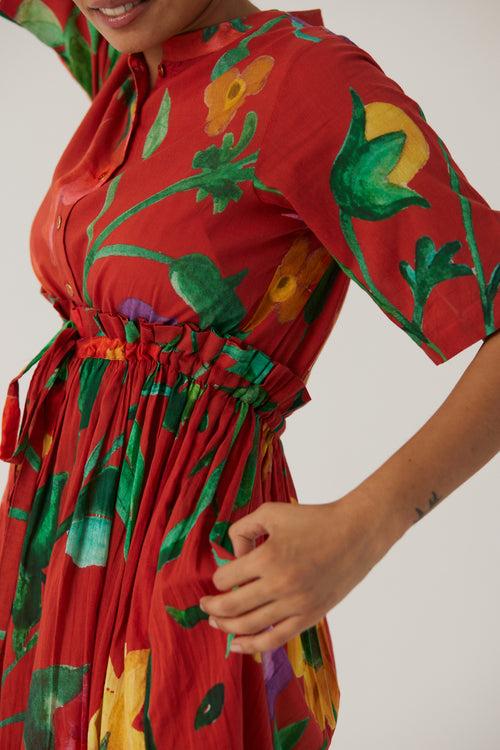 New Season Fall 23/Summer 24-Dress Cotton Gathered Big Botanical Red-YAMBB10-Fashion Edit Yam