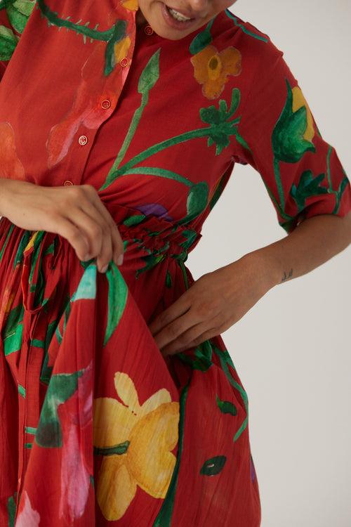 New Season Fall 23/Summer 24-Dress Cotton Gathered Big Botanical Red-YAMBB10-Fashion Edit Yam