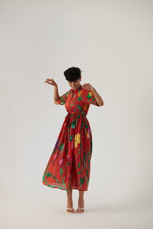 New Season Fall 23/Summer 24-Dress Cotton Gathered Big Botanical Red-YAMBB10-Fashion Edit Yam