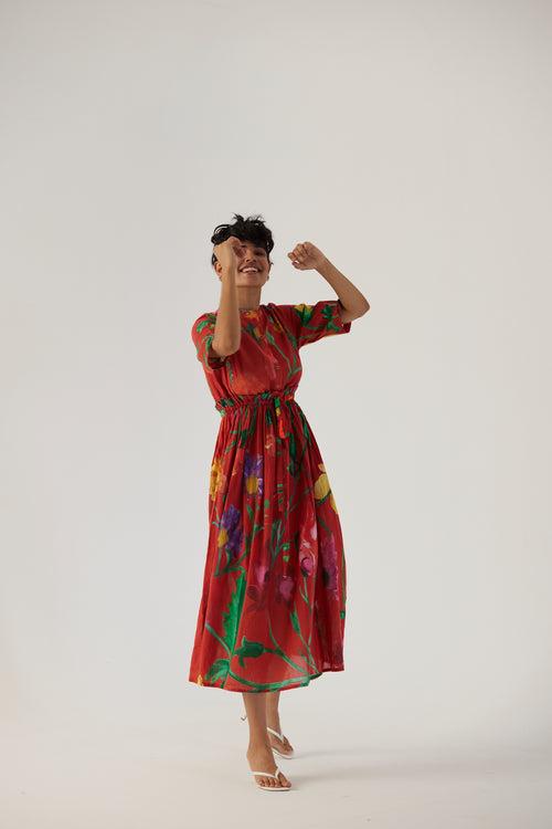 New Season Fall 23/Summer 24-Dress Cotton Gathered Big Botanical Red-YAMBB10-Fashion Edit Yam