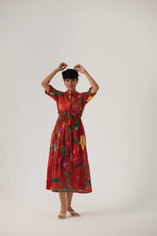 New Season Fall 23/Summer 24-Dress Cotton Gathered Big Botanical Red-YAMBB10-Fashion Edit Yam