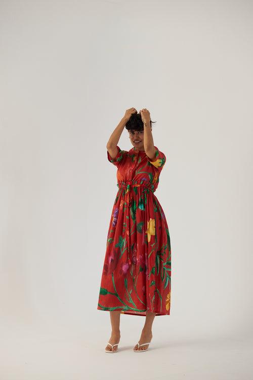 New Season Fall 23/Summer 24-Dress Cotton Gathered Big Botanical Red-YAMBB10-Fashion Edit Yam