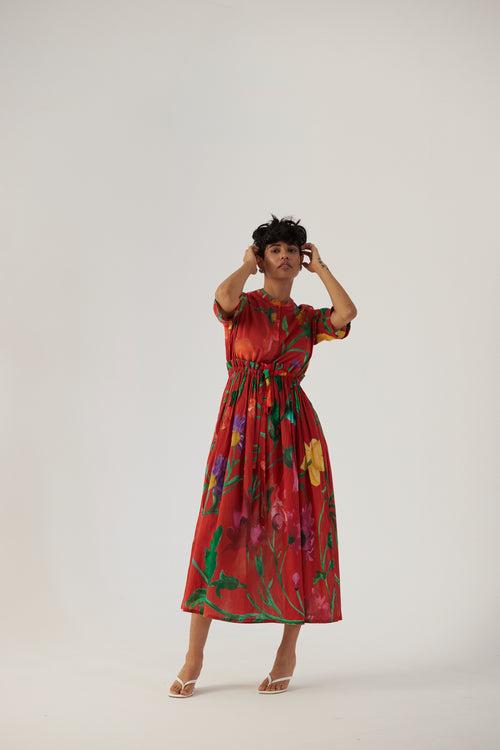 New Season Fall 23/Summer 24-Dress Cotton Gathered Big Botanical Red-YAMBB10-Fashion Edit Yam