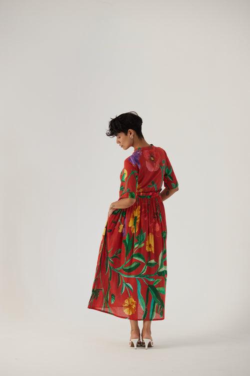 New Season Fall 23/Summer 24-Dress Cotton Gathered Big Botanical Red-YAMBB10-Fashion Edit Yam