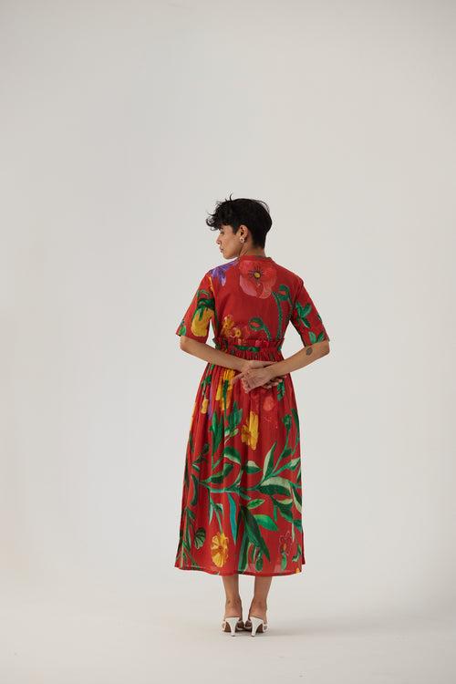 New Season Fall 23/Summer 24-Dress Cotton Gathered Big Botanical Red-YAMBB10-Fashion Edit Yam