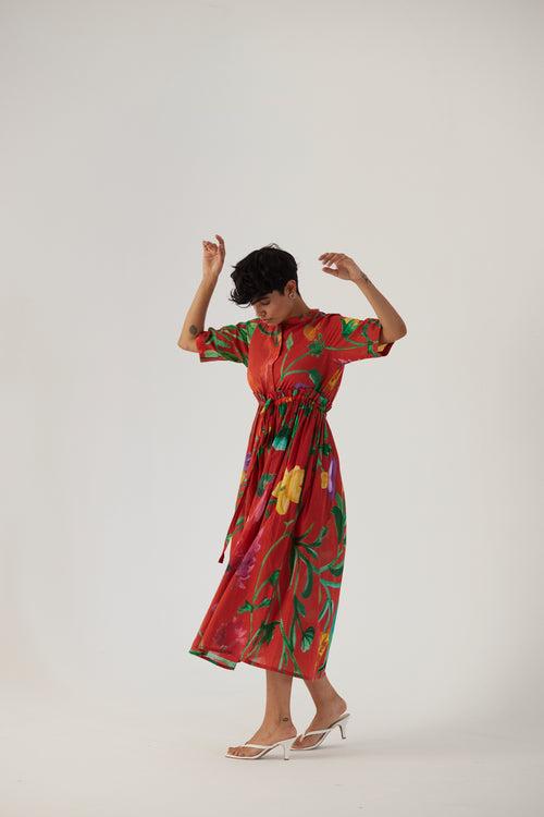 New Season Fall 23/Summer 24-Dress Cotton Gathered Big Botanical Red-YAMBB10-Fashion Edit Yam