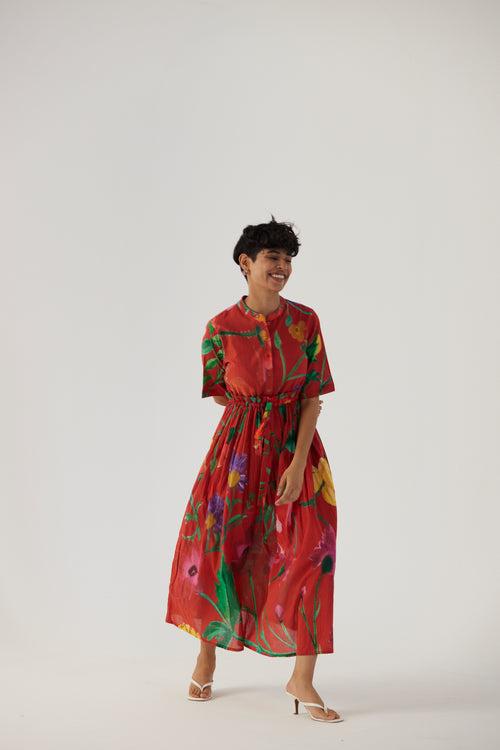 New Season Fall 23/Summer 24-Dress Cotton Gathered Big Botanical Red-YAMBB10-Fashion Edit Yam