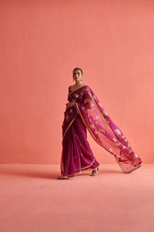 New Season Festive 2024-Saree-Organza/Mashru Silk 3pcs Wine-AS101-Fashion Wedding Edit Aarti Sethia